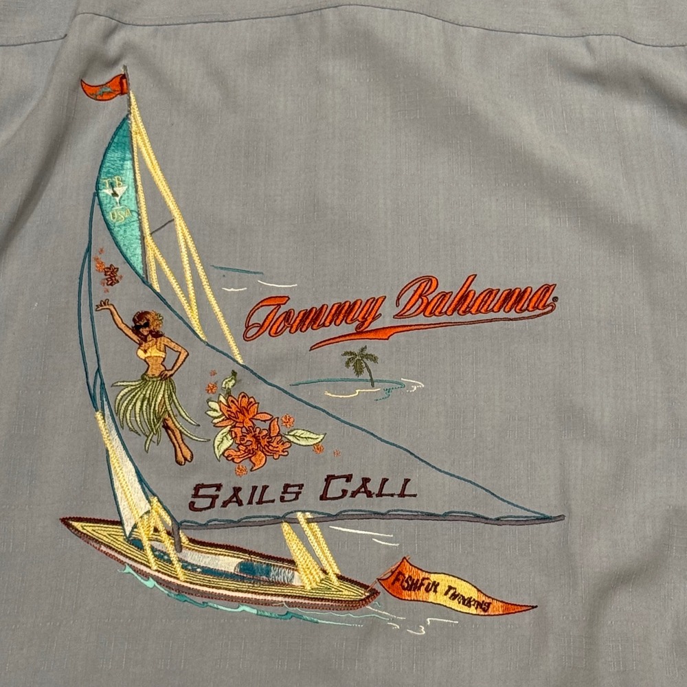Tommy Bahama Sails Call Silk Camp Shirt XXL Blue Short Sleeve Embroidered Back